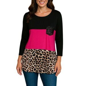 Heimish USA Colorblock Leopard Sequin Pocket Long Sleeves Womens Top Size Medium